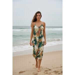 Bydee Floral Bias Cut Slip Dress/Cover Up S Viscose Midi Halter Resort Vacation